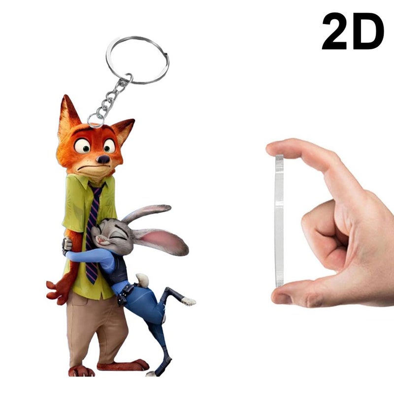 Zootopia cartoon merchandise: acrylic keychains, Nick Wilde and Judy Hopps, high-quality backpack charms, customizable.